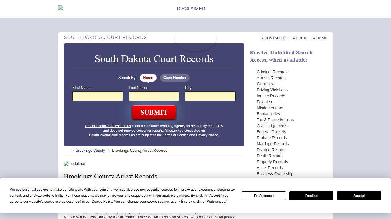 Brookings County Arrest Records SouthDakotaCourtRecords.us