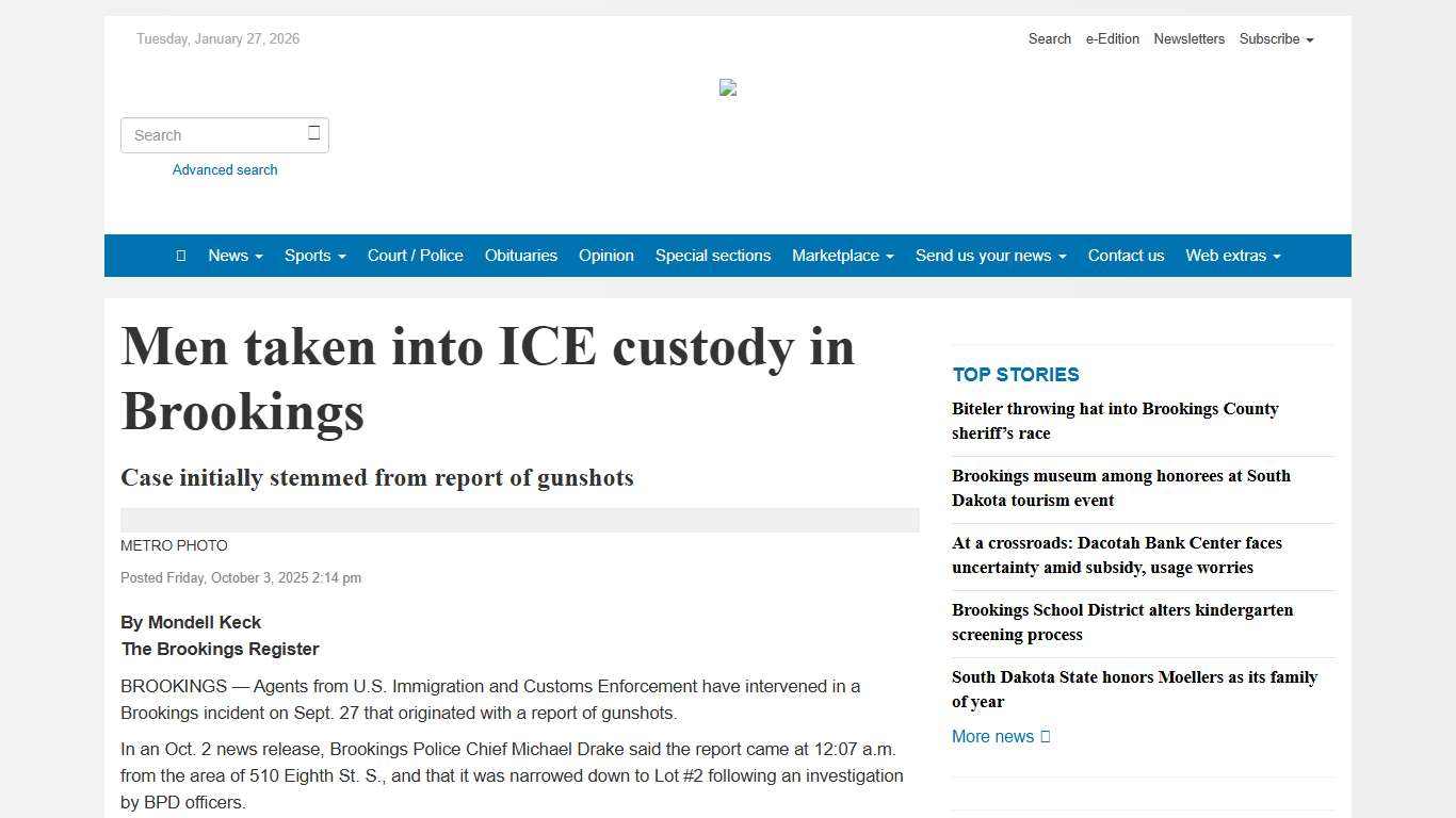 Men taken into ICE custody in Brookings - Brookings Register